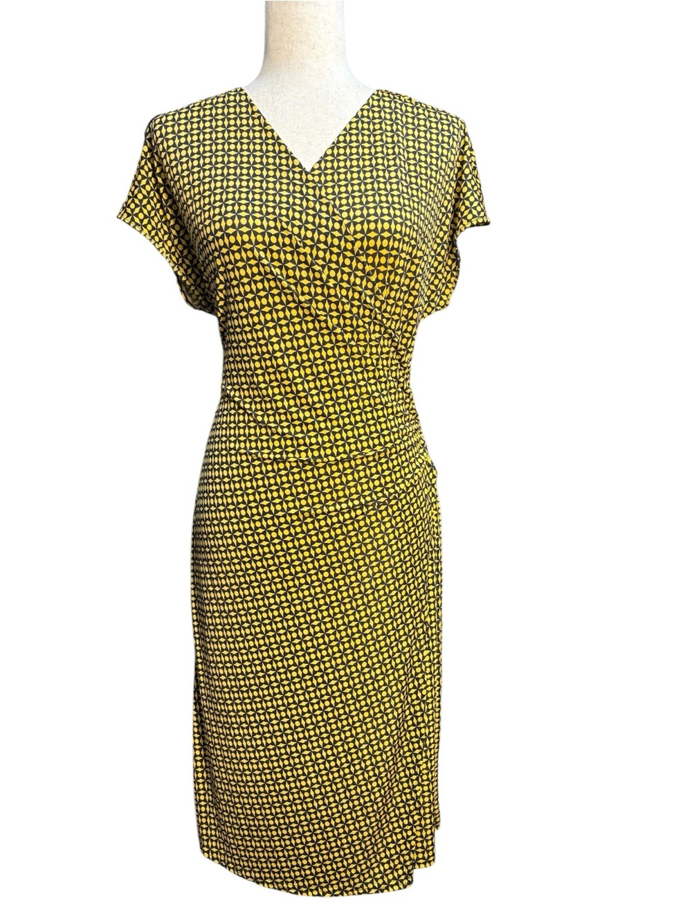 Tahari Yellow Patterned V-Neck Midi Dress
